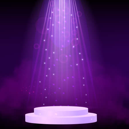 Purple spotlight. Bright lighting with spotlights of the stage with purple dust and cylinder podium.のイラスト素材