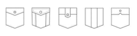 Patch pocket. Set of uniform patch pockets shapes for clothes, dress, shirt, casual denim style. Isolated icons.のイラスト素材
