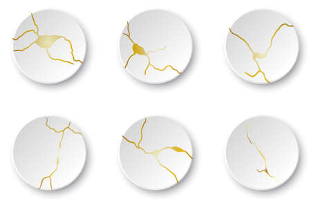 Gold Kintsugi cracks set. Broken and crack effect, craquelure and damaged texture. Vector illustrations can be used for kintsugi decorations, wall arts, home decoration, print and wallpaper.のイラスト素材