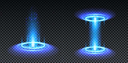 Blue hologram portal set. Magic fantasy portal. Magic circle teleport podium with hologram effect. Vector blue glow rays with sparks on transparent background.のイラスト素材