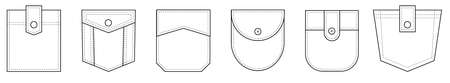 Patch pocket. Set of uniform patch pockets shapes for clothes, dress, shirt, casual denim style. Isolated icons.のイラスト素材