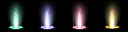 Color hologram portals set. Magic fantasy portal. Magic circle teleport podium with hologram effect. Vector colorful glow rays with sparks on black background.のイラスト素材