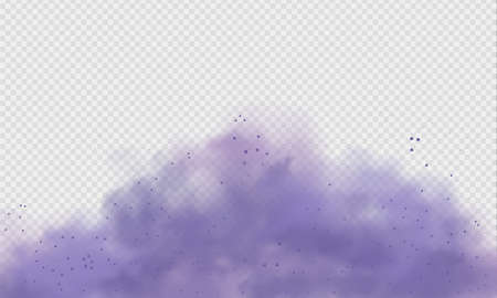 Purple dust or fog. Abstract purple powder explosion with particles. Violet smoke or dust isolated on light transparent background. Abstract mystical gas. Vector illustration.のイラスト素材