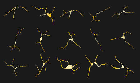 Gold Kintsugi crack set. Broken and crack effect, craquelure and damaged texture on black background. Vector illustrations can be used for kintsugi decorations, home decoration, print and wallpaper.のイラスト素材