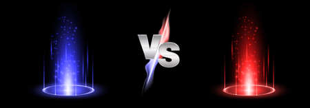 Versus fire battle with hologram podium, magic portal. MMA concept - fight night, MMA, boxing, wrestling, Thai boxing. VS of metal letters with light fire and glow. Versus battle vector.のイラスト素材