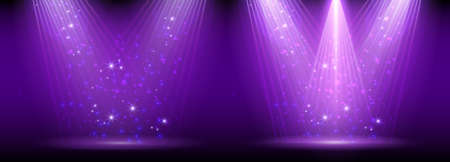Purple spotlight. Set of bright lighting with spotlights of the stage with purple ducst on transparent background.のイラスト素材