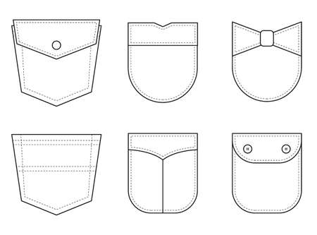 Patch pocket. Set of uniform patch pockets shapes for clothes, dress, shirt, casual denim style. Isolated icons.のイラスト素材