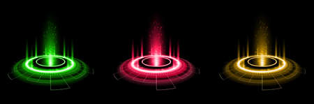 Color hologram portal. Magic fantasy portal. Magic circle teleport podium with hologram effect. Vector glow rays with sparks on clark ackground.のイラスト素材