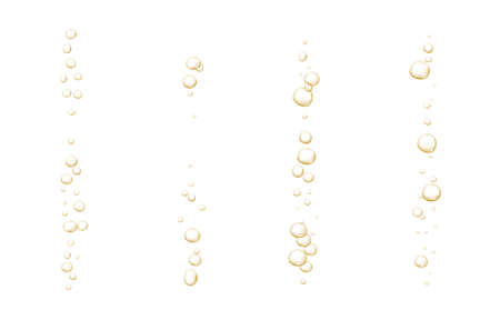 Gold fizzy bubbles. Sparkles champagne. Fizzy pop and effervescent drink. Abstract fresh soda and air bubbles, oxygen, champagne crystal. Vector illustration on black transparent background.のイラスト素材
