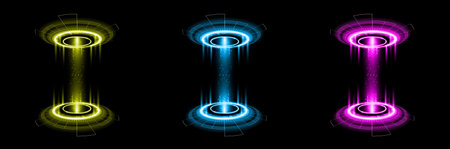 Color hologram portal. Magic fantasy portal. Magic circle teleport podium with hologram effect. Vector glow rays with sparks on clark ackground.のイラスト素材