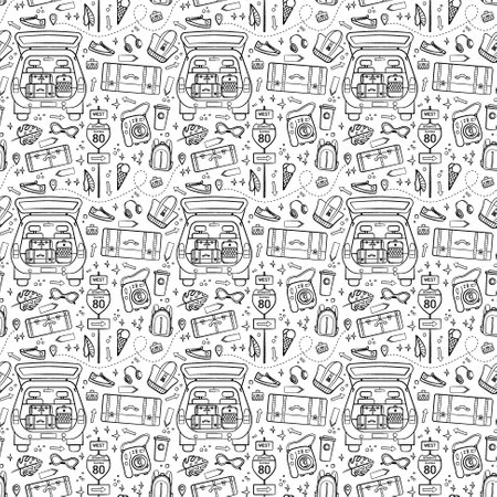 Travel and vacation seamless pattern with travel elements. Seamless pattern for design, posters, backgrounds vacation and trip theme. Car, suitcase, camera in line style.のイラスト素材
