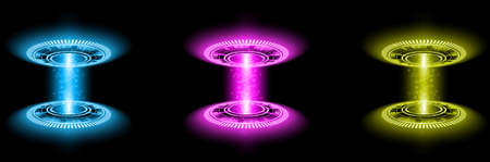 Color hologram portal. Magic fantasy portal. Magic circle teleport podium with hologram effect. Vector glow rays with sparks on clark ackground.のイラスト素材