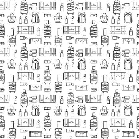 Travel and vacation seamless pattern with travel elements. Seamless pattern for design, posters, backgrounds vacation and trip theme. Suitcase, bag and tag in line style.のイラスト素材