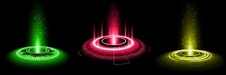 Color hologram portal. Magic fantasy portal. Magic circle teleport podium with hologram effect. Vector glow rays with sparks on clark ackground.のイラスト素材