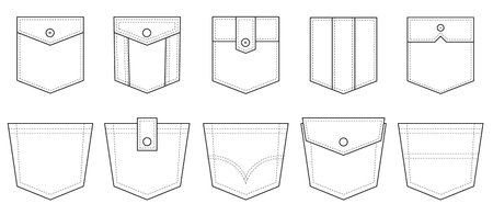 Patch pocket. Set of uniform patch pockets shapes for clothes, dress, shirt, casual denim style. Isolated icons.のイラスト素材