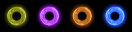 Set of color hologram portal. Magic fantasy portal. Magic circle with halo effect. Vector color glow scifi teleport with sparks and hologram, technology background.のイラスト素材