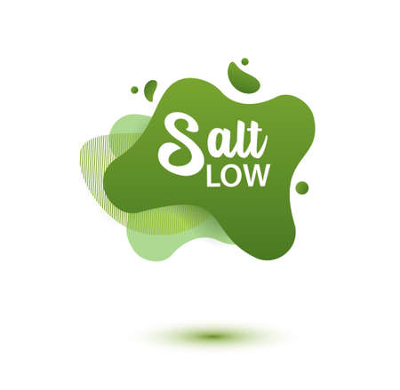 Salt low badge. Green amoeba design of sticker for diet menu, poster, flyer, food packaging.のイラスト素材