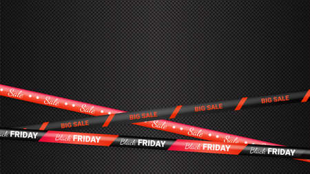 Black Friday red warning tapes, ribbobs. Template for black Friday sale. Background with danger tapes, police ribbon sign variation. Vector illustration.のイラスト素材