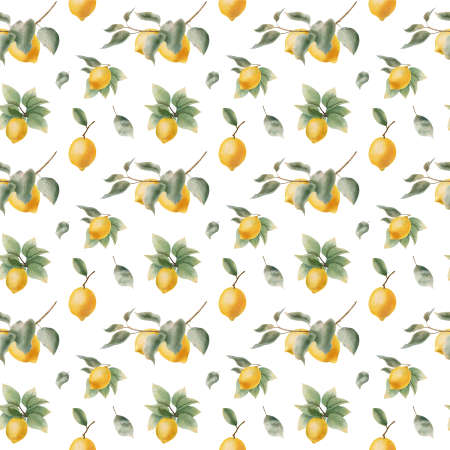 Lemon seamless pattern. Leaves, branches and fruits of lemon. The seamless pattern is suitable for...