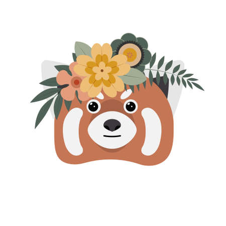Red panda with flower crown. Red panda character, flower crown stickers.のイラスト素材