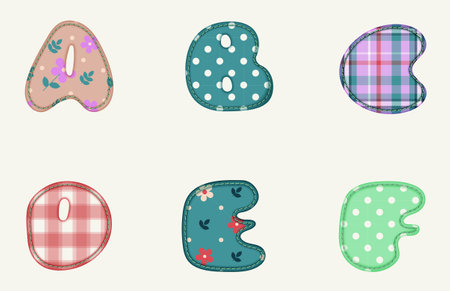 Patchwork hand drawn textile font. Cute textile font for scrapbook or collage design. Patchwork alphabet letters for your decoration with original patternsのイラスト素材