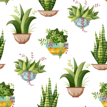Seamless pattern. Houseplant plant growing in pots. Set of handmade home plants isolated on white background. Cartoon flat illustrationのイラスト素材