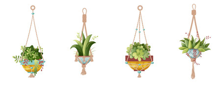 Houseplant and macrame plant growing in pots. Set of handmade home decorations macrame plants isolated on white background. Cartoon flat illustrationのイラスト素材