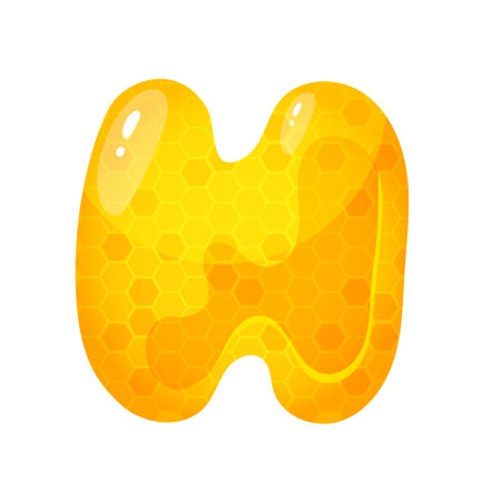 Honey sweet font. Liquid honey cartoon alphabet, Yellow honeycomb vector font. Single letterのイラスト素材