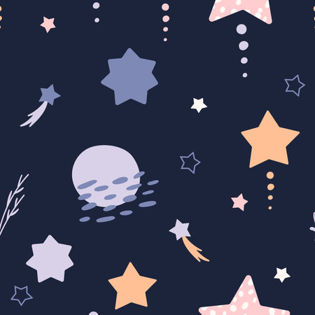 Bohemian baby pattern. Seamless baby pattern in boho style. Bohemian pattern for kids with organic shapes and stars on blue backgroundのイラスト素材