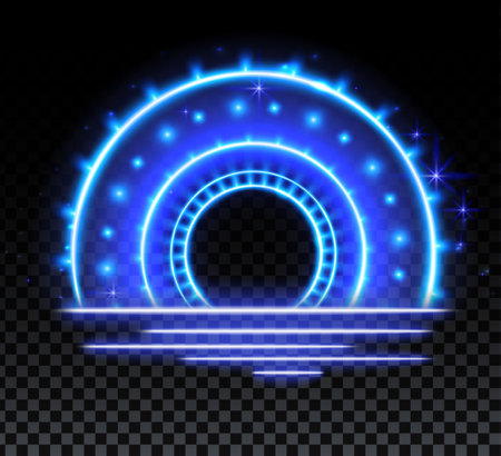 Blue magic arc. Abstract magic light effect. Luminous neon arch lines with flying lightsのイラスト素材