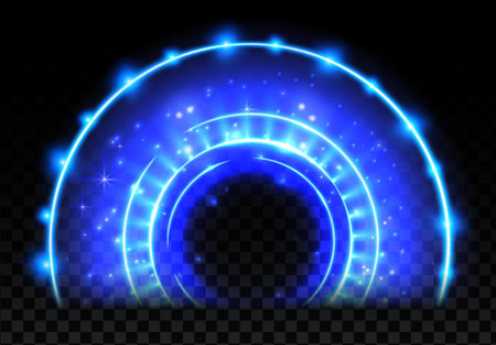 Blue magic arc. Abstract magic light effect. Luminous neon arch lines with flying lightsのイラスト素材