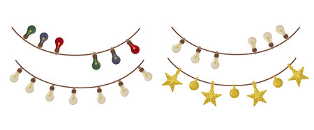 Carnival garland lamp. Christmas garland light boho style. Decorative boho color party lamp for birthday celebration, festival and fair decoration. Holiday backgroundのイラスト素材