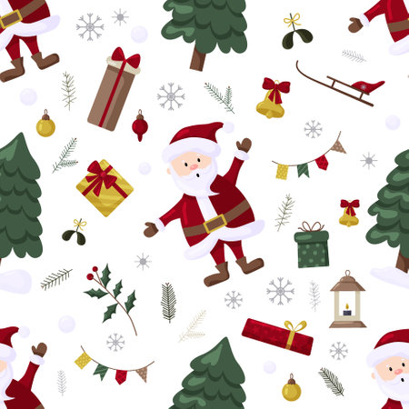 Christmas seamles pattern with tree, santa, decoration, gifts. Christmas seamless pattern perfect for textile, wrap and wallpaper and designのイラスト素材