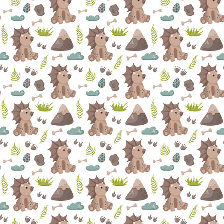 Dinosaur seamless pattern footprint tracks. Minimal color background with paw, stones, rainbow. Dinosaur footprint seamless pattern perfect for textile, wrap and wallpaper and designのイラスト素材