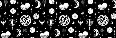Seamless neo folk patterns with moon, cloud, sun and stars, black and white celestial design. Set...
