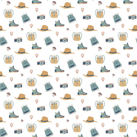 Hiking and camping seamless pattern with travel elements. Seamless pattern for design, posters, backgrounds Hiking, travel and camping theme. Tent, guitara, mug, map, camera, binocularsのイラスト素材