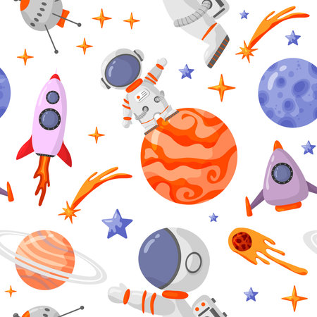 Astronaut and space seamless pattern with space elements. Seamless pattern for design, posters, backgrounds astronaut and space. Planet, comet, galaxy, alienshipsのイラスト素材