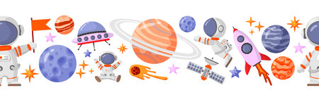 Astronaut and space seamless pattern with space elements. Seamless pattern for design, posters, backgrounds astronaut and space. Planet, comet, galaxy, alienshipsのイラスト素材