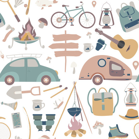 Hiking and camping seamless pattern with travel elements. Seamless pattern for design, posters, backgrounds Hiking, travel and camping theme. Tent, guitara, mug, map, camera, binocularsのイラスト素材