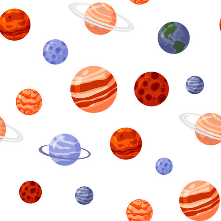 Astronaut and space seamless pattern with space elements. Seamless pattern for design, posters, backgrounds astronaut and space. Planet, comet, galaxy, alienshipsのイラスト素材