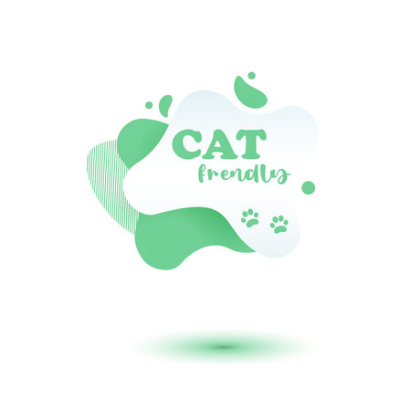 Pet friendly tag. Green label and stikers emblem with drops of paw for web and print tag. Pet friendly and care label. Vector illustration for you designのイラスト素材