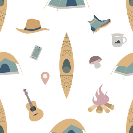 Hiking and camping seamless pattern with travel elements. Seamless pattern for design, posters, backgrounds Hiking, travel and camping theme. Tent, guitara, mug, map, camera, binocularsのイラスト素材