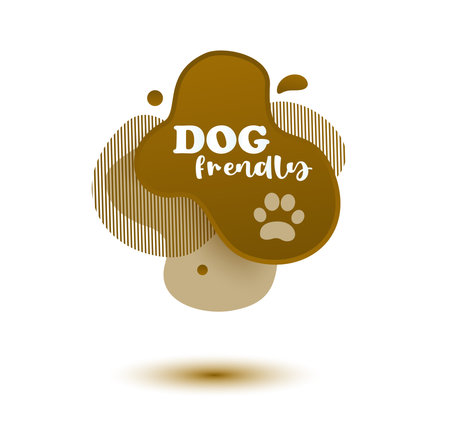 Pet friendly tag. Brown label and stikers emblem with drops of paw for web and print tag. Pet friendly and care label. Vector illustration for you designのイラスト素材