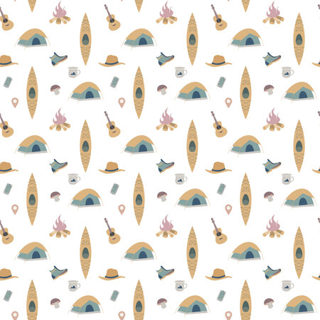 Hiking and camping seamless pattern with travel elements. Seamless pattern for design, posters, backgrounds Hiking, travel and camping theme. Tent, guitara, mug, map, camera, binocularsのイラスト素材