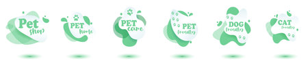 Pet friendly tag. Label and stikers emblem with drops for web and print tag. Pet friendly and care label set. Vector illustration for you designのイラスト素材