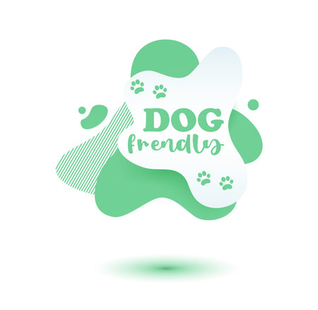 Pet friendly tag. Green label and stikers emblem with drops of paw for web and print tag. Pet friendly and care label. Vector illustration for you designのイラスト素材