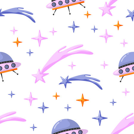 Astronaut and space seamless pattern with space elements. Seamless pattern for design, posters, backgrounds astronaut and space. Planet, comet, galaxy, alienshipsのイラスト素材