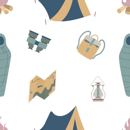 Hiking and camping seamless pattern with travel elements. Seamless pattern for design, posters, backgrounds Hiking, travel and camping theme. Tent, guitara, mug, map, camera, binocularsのイラスト素材