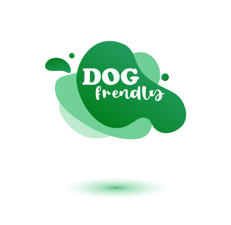 Pet friendly tag. Green label and stikers emblem with drops of paw for web and print tag. Pet friendly and care label. Vector illustration for you designのイラスト素材