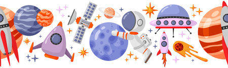 Astronaut and space seamless pattern with space elements. Seamless pattern for design, posters, backgrounds astronaut and space. Planet, comet, galaxy, alienshipsのイラスト素材